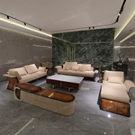 Warm Sand Leather Sofa Set with Natural Burl Wood Veneer, Polished Stainless Steel Trim & Fluid Curved Silhouette